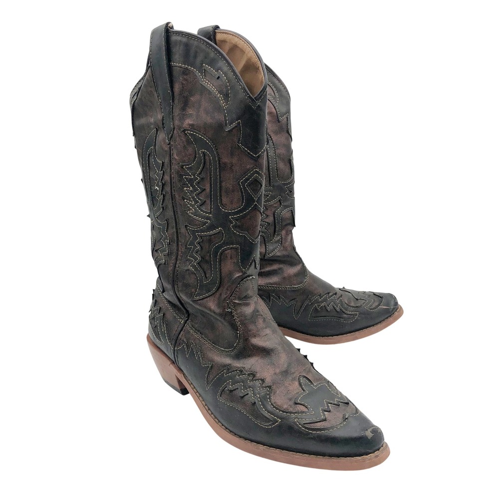 Roper Boots Womens 8 Embroidered Black Brown Distressed Western Cowboy Country